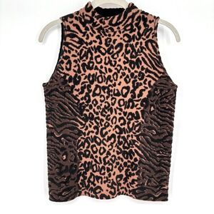 MILLY Sleeveless Mock Neck Sweater Sz M Brown Black Mixed Animal Print Tank Top
